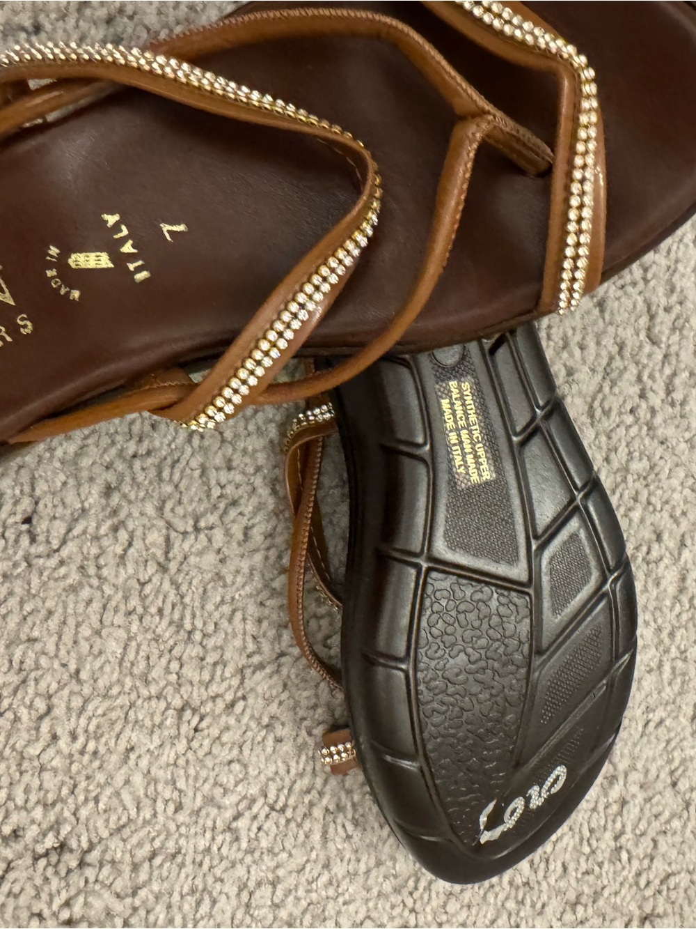 Italian Shoemakers Brand Black Sandals with brown Straps and Rhinestones - Picture 2 of 2